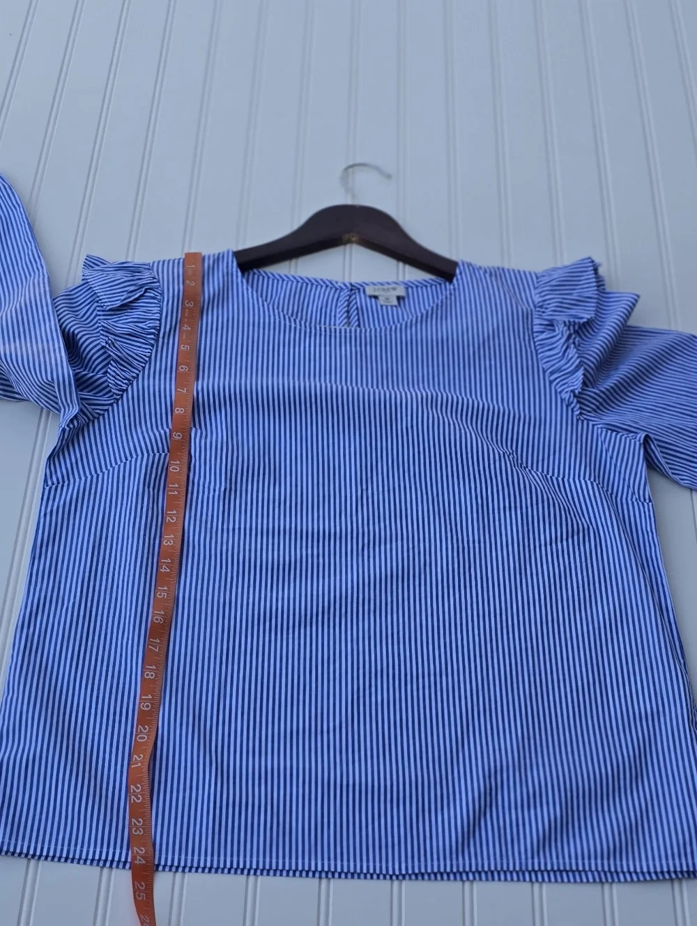 ​J. Crew Blue & White Striped Ruffle Shoulder Long Sleeve Blouse - Size M